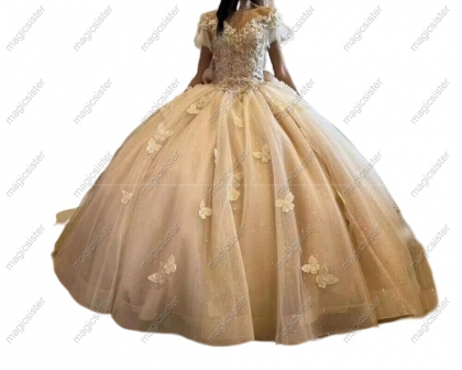 Champagne Glitter Quinceanera Dresses Short Sleeves With Bow Butterfly Robes