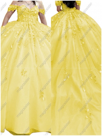 Factory Wholesale Glitter Floral Appliques Quinceanera Dress