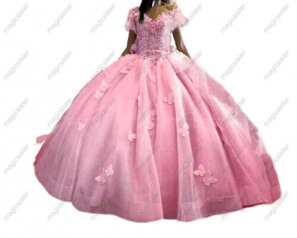 Blush Glitter Quinceanera Dresses Short Sleeves With Bow Butterfly Robes