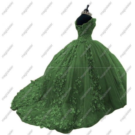 Emerald Green Factory wholesale quinceanera dress 3D flower off-shoulder sweet dress