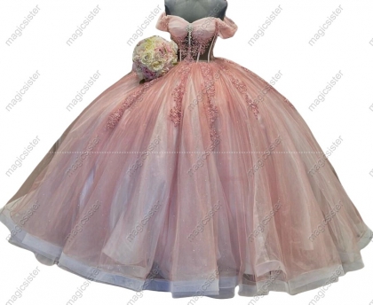 Luxury Glitter Floral Appliques Quinceanera Dress