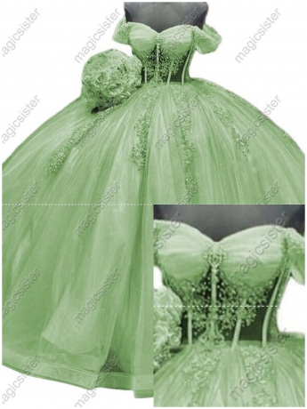 Sage Luxury Glitter Floral Appliques Quinceanera Dress