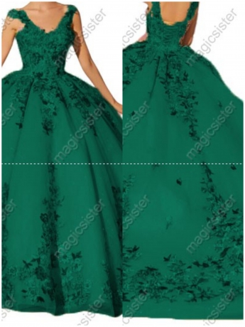 Emerald Green Instock Factory Multicolor Embroidered Floral Quinceanera Dress