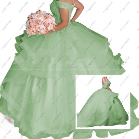 Sage Quinceanera Dress Sweet 16 Girls Off Shoulder Applique Cupcake Layers Ball Gowns Party