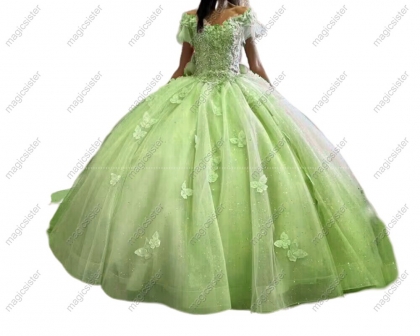 Glitter Quinceanera Dresses Short Sleeves With Bow Butterfly Robes