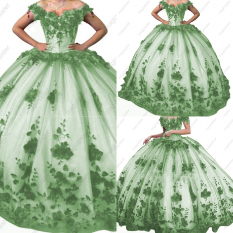 Sage Ball Gown Quinceanera Dresses Off Shoulder Lace up Back Sweep Train 3D Floral